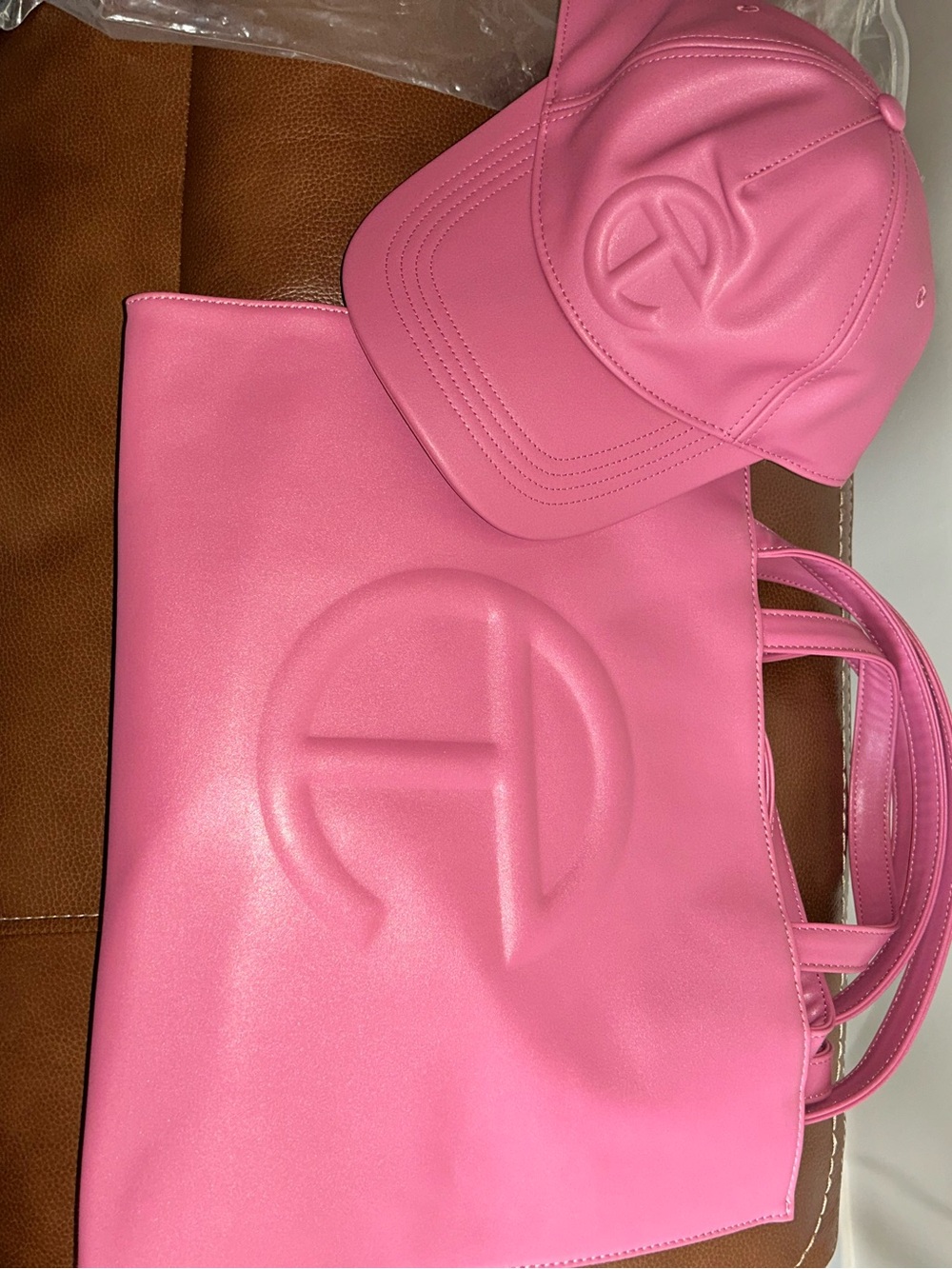 Telfar Pink Embossed Tote Medium Bag and (s/m)Baseball Cap Set sold together